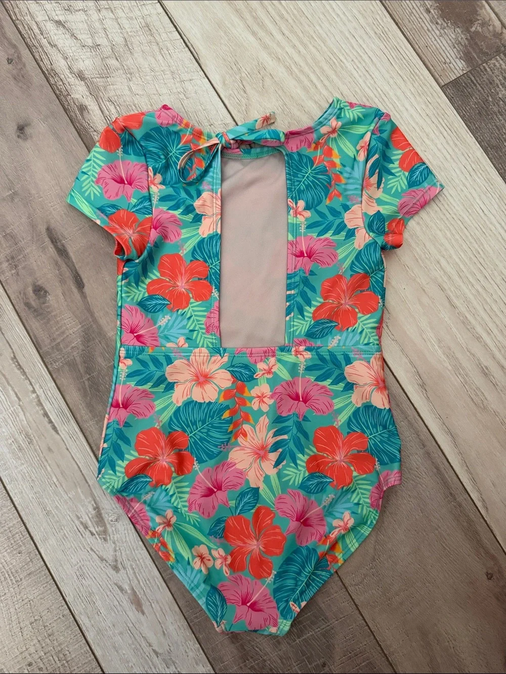 art class Teal Floral One-Piece Swimsuit with Pink & Orange Flowers